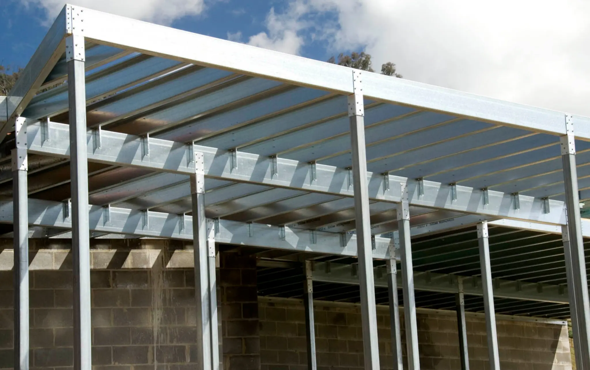 Steel deck frame showing height adjustment options